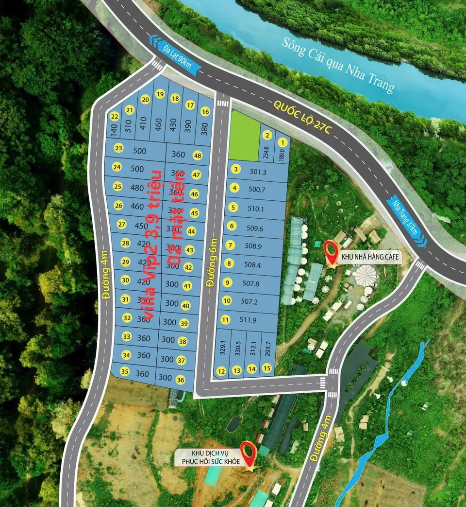 Sơ đồ phân lô Làng Villa Trầm Xưa: quốc lộ 27C, sông Cái, đường nội bộ 4 m và 6 m, các lô đánh số kèm diện tích, vùng Villa VIP2
