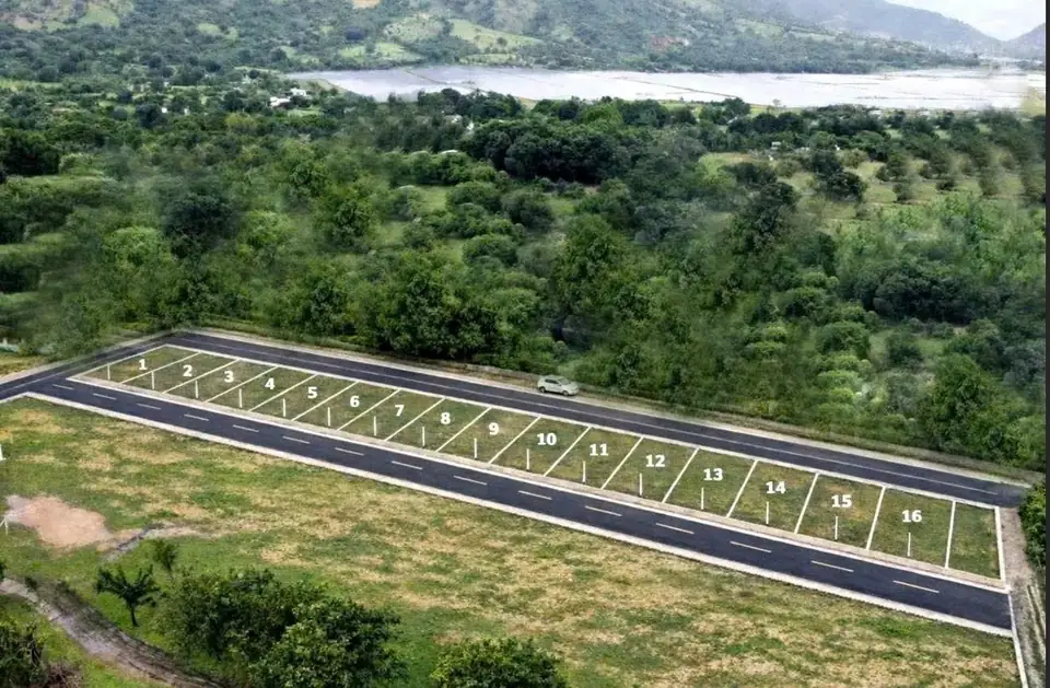 Dãy lô đất đánh số liền nhau, giáp hai mặt đường nhựa, phía sau là rừng cây xanh